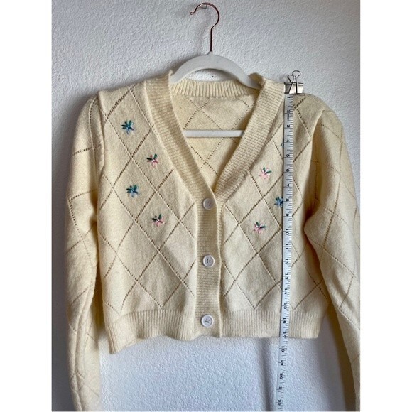 UNNI Cottagecore Cream Lattice Knit Cropped Cardigan with Floral Embroidery Sz S - Picture 8 of 10